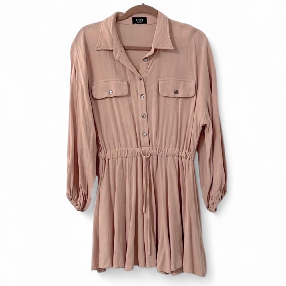 Vici Beige Tan Linen Drawstring Shirt Dress XS - Picture 2 of 12
